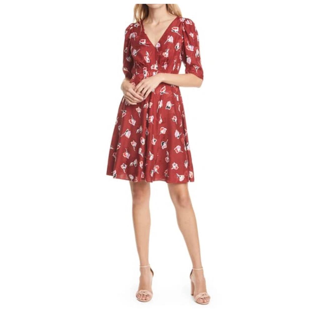 Rebecca Taylor Paintbrush Floral Silk Blend Dress Cabernet Combo
